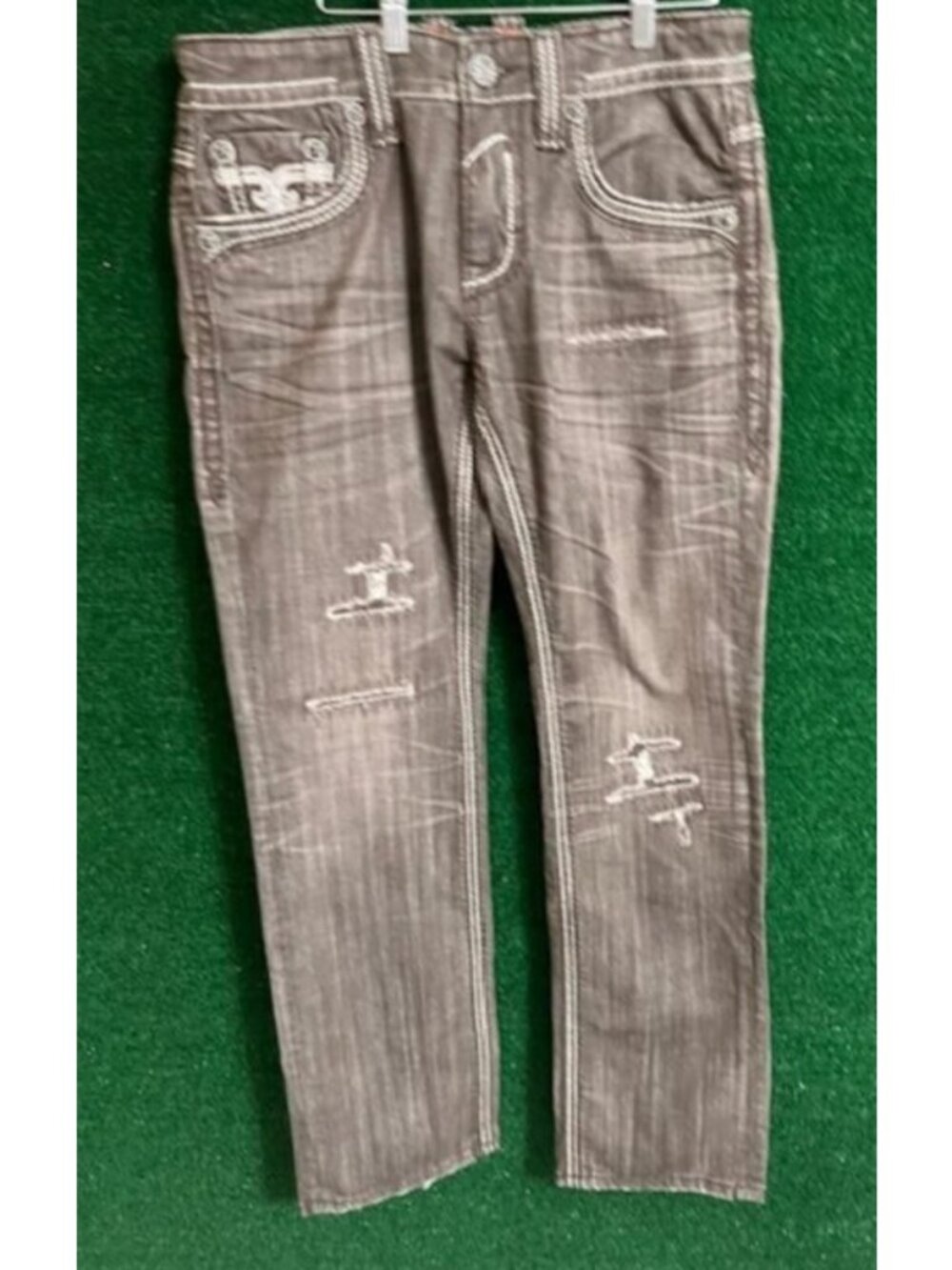 Men Rock Revival "Galway" Straight Jeans Leather Inserts Distressed Sz 32 X 34